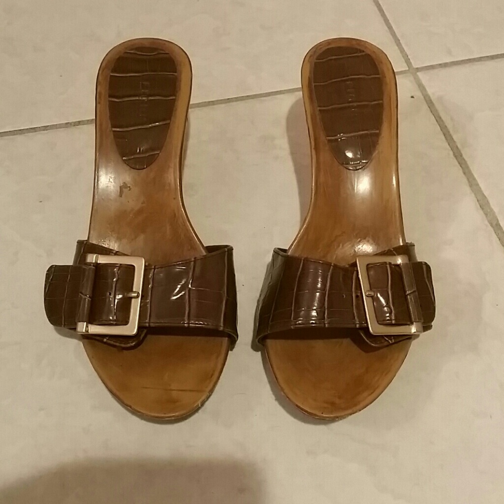 Brown and wooden high heels